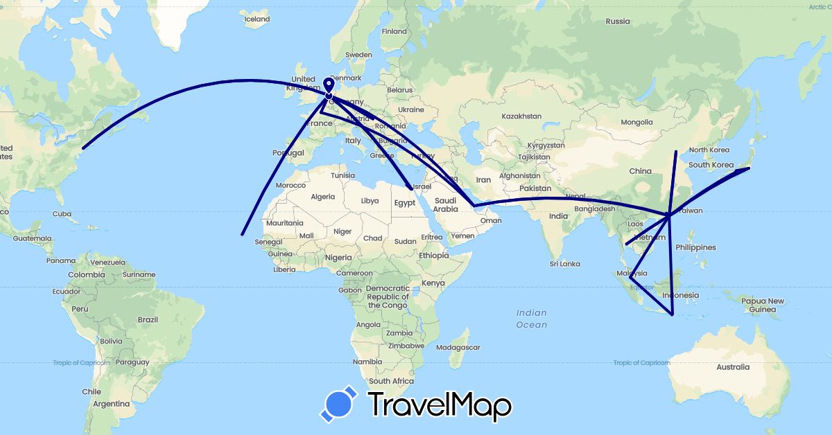 TravelMap itinerary: driving in China, Cape Verde, Egypt, France, Hungary, Indonesia, Japan, Malaysia, Netherlands, Qatar, Thailand, United States (Africa, Asia, Europe, North America)